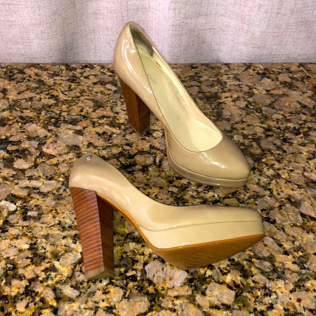 Nude Calvin Klein Patent Shoes With Chunky Wooden Approximately 4 Inches Heels